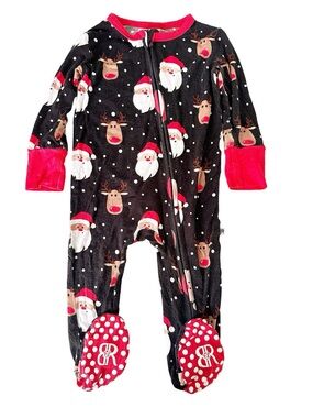 Bums & Roses Santa Reindeer Footie Bamboo Pajamas Red Black 9-12M